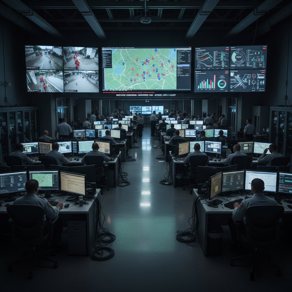 Emergency operations center with digital displays, symbolizing high-stakes schedule coordination