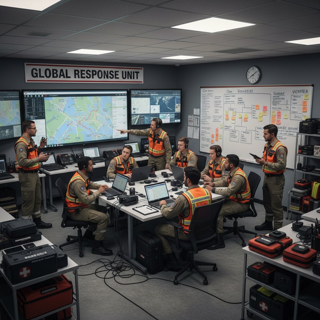 Emergency response team in action, organizing and delegating tasks rapidly