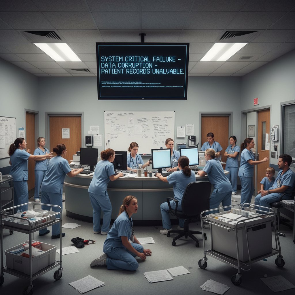 Emergency room chaos with clinicians reacting to data error, clinical data interpretation accuracy at stake