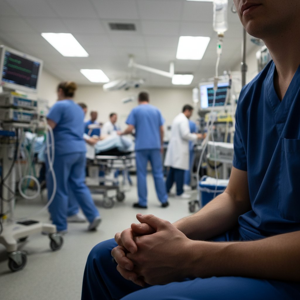 Praktykowanie uważności DBT w szpitalu podczas kryzysu, osoba siedzi w chaosie, skupiona na dłoniach