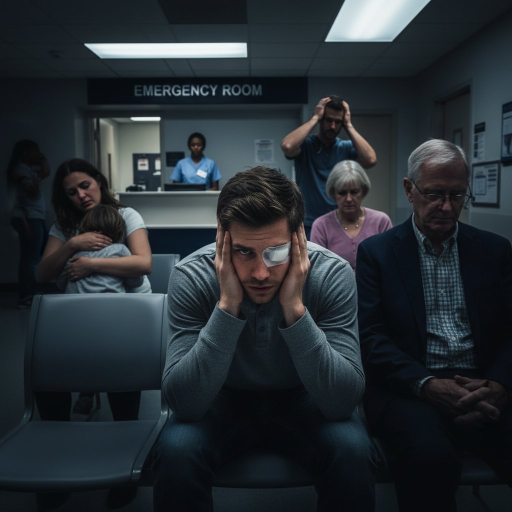 Pacjent z opatrunkiem na oku czekający na pomoc w szpitalu – dramatyczna scena SOR, uraz oka, stres