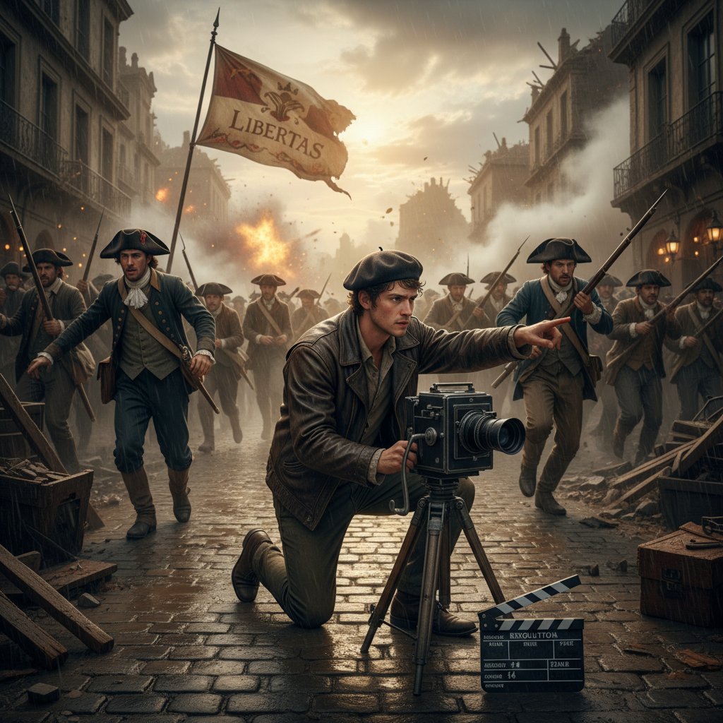 Emerging filmmaker shooting a revolution scene with a smartphone, youthful crew in urban setting