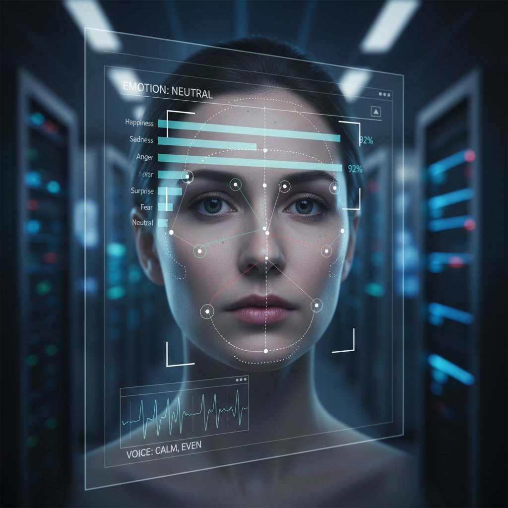 Osoba wyrażająca emocje, AI analizująca mimikę