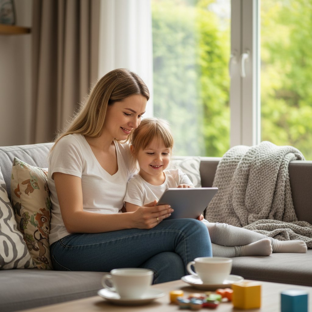 Rodzina korzystająca z wirtualnego asystenta zdrowia w domu