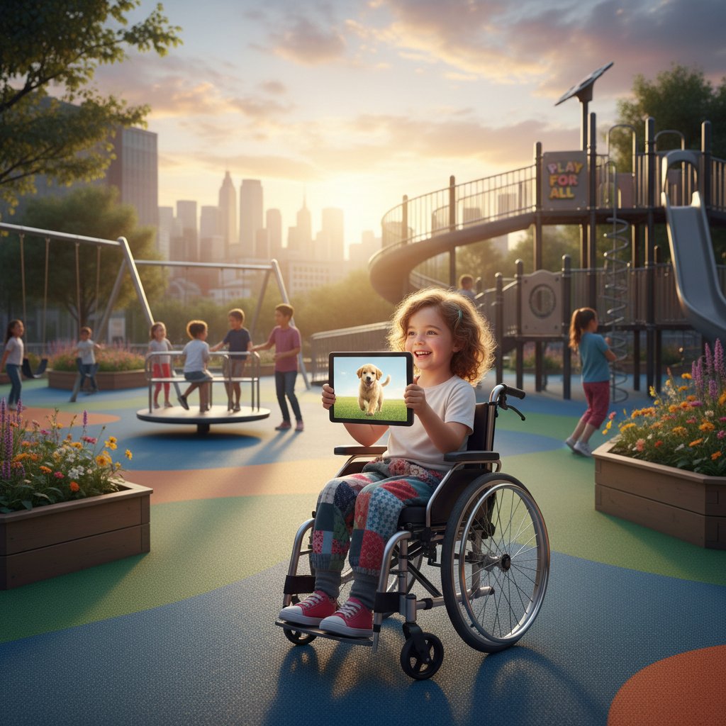 Dziecko na wózku inwalidzkim bawi się wirtualnym psem na telefonie na dostosowanym placu zabaw