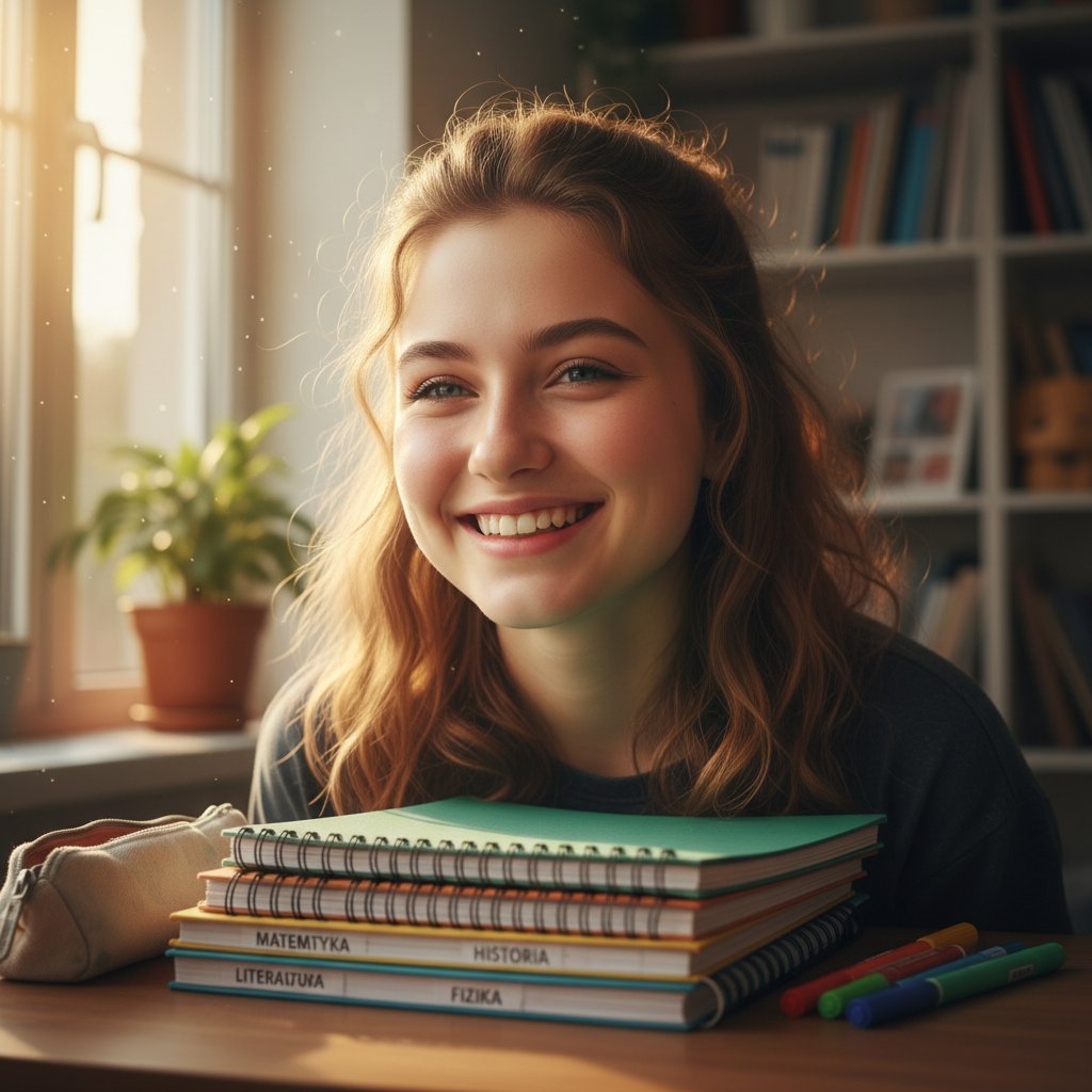 Szczęśliwa uczennica po udanych korepetycjach online.