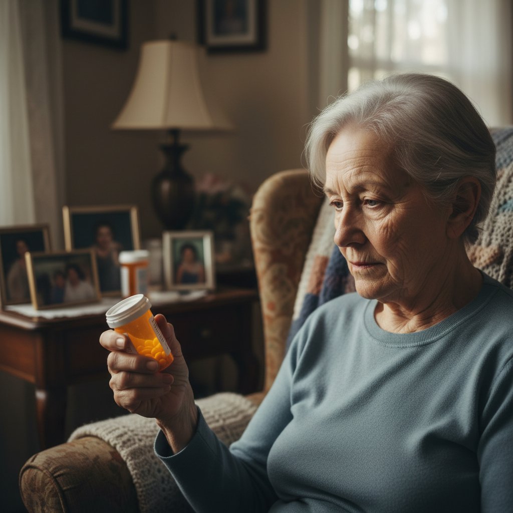 Starsza osoba trzymająca butelkę z lekami, zamyślona w domowym otoczeniu