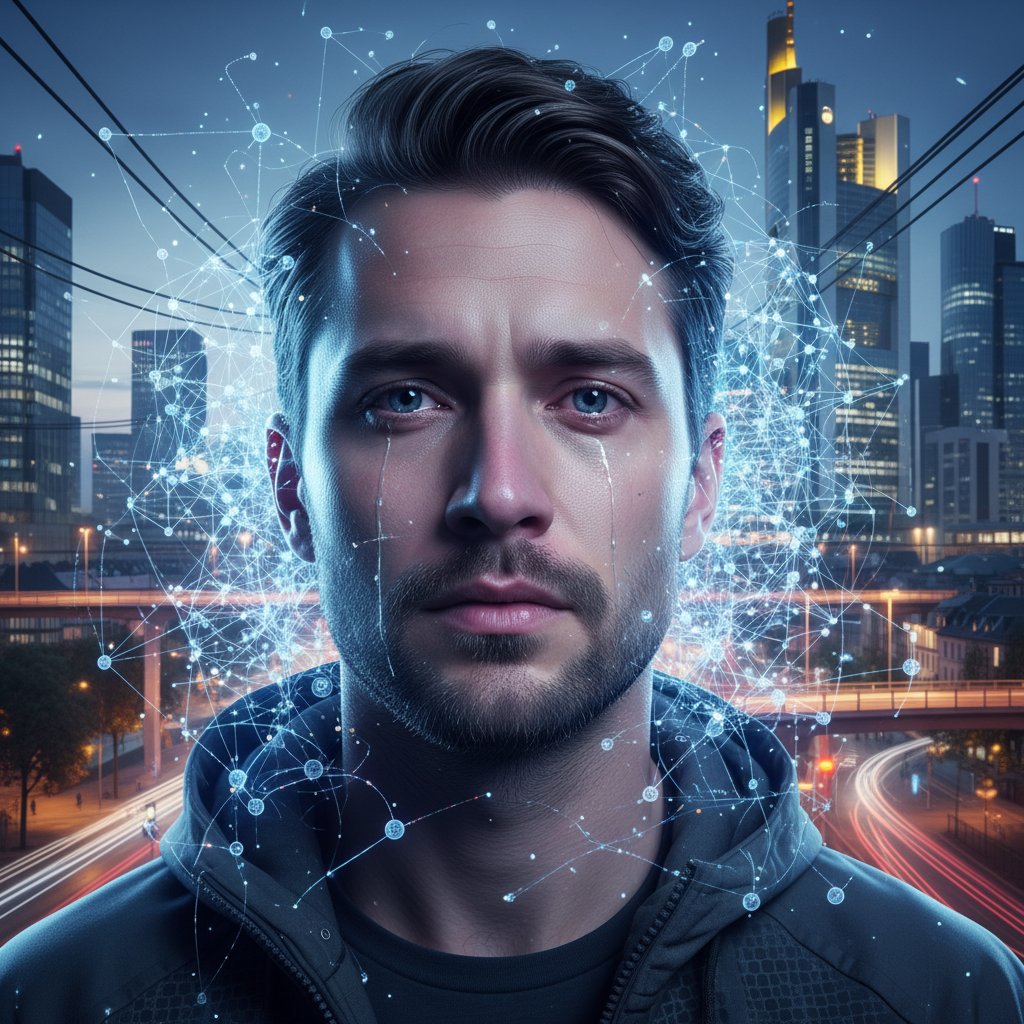 Porträt einer nachdenklichen Person mit reflektierenden digitalen Codes im Hintergrund, symbolisiert emotionale KI und Gefühle