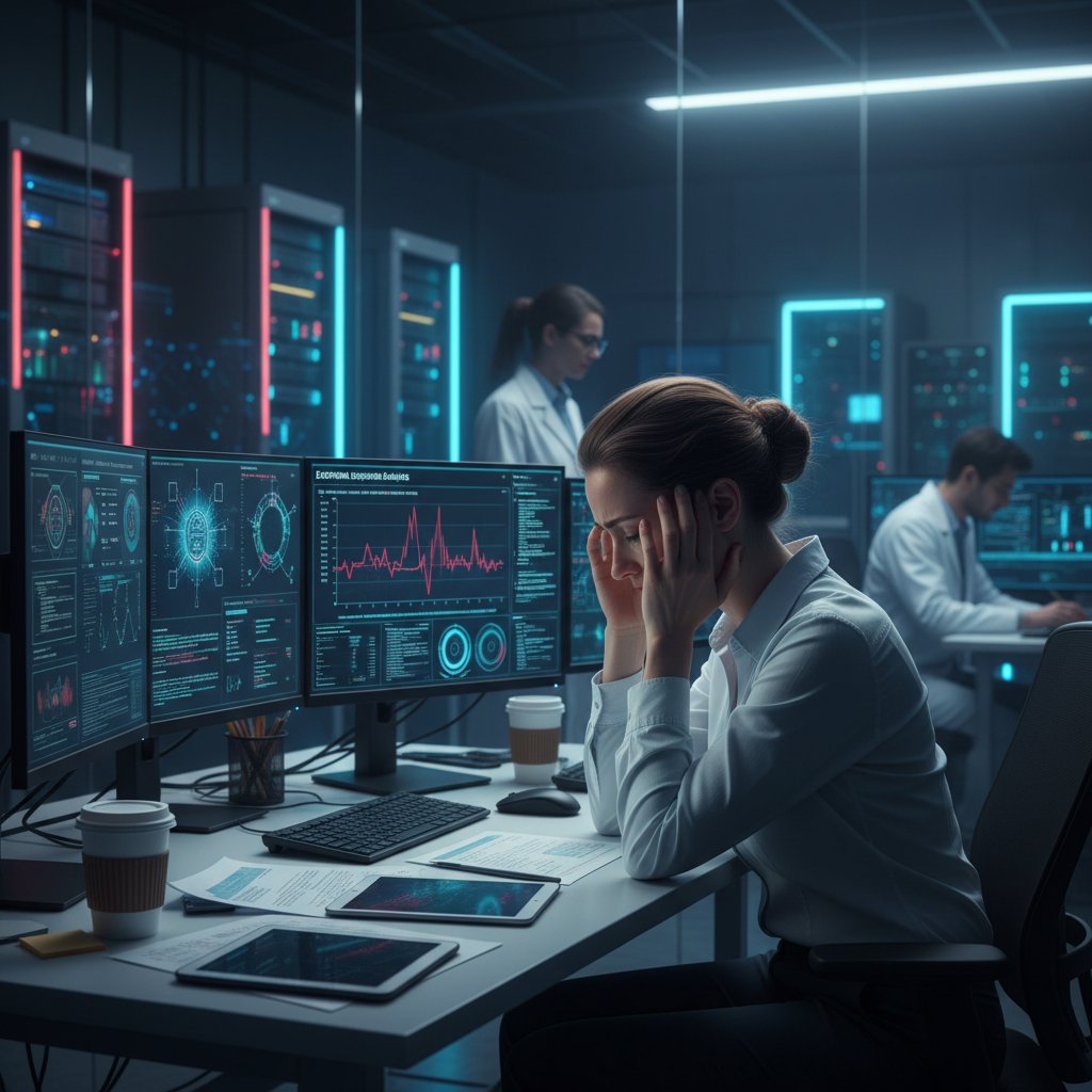 Specjalista AI analizujący wykresy emocjonalne na ekranie, laboratorium badawcze. Tematyka: affective computing, rozpoznawanie emocji przez AI