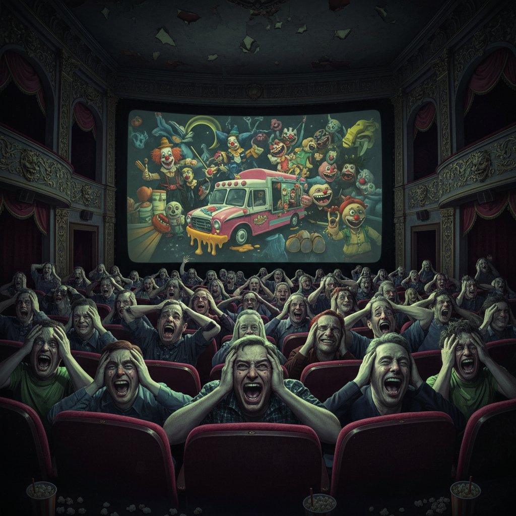 Emotional audience member reacts to shocking comedy scene in a dimly lit movie theater, representing nightmare comedy cinema