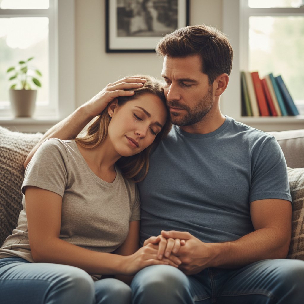 Comforting touch between couple, micro-moment of emotional awareness