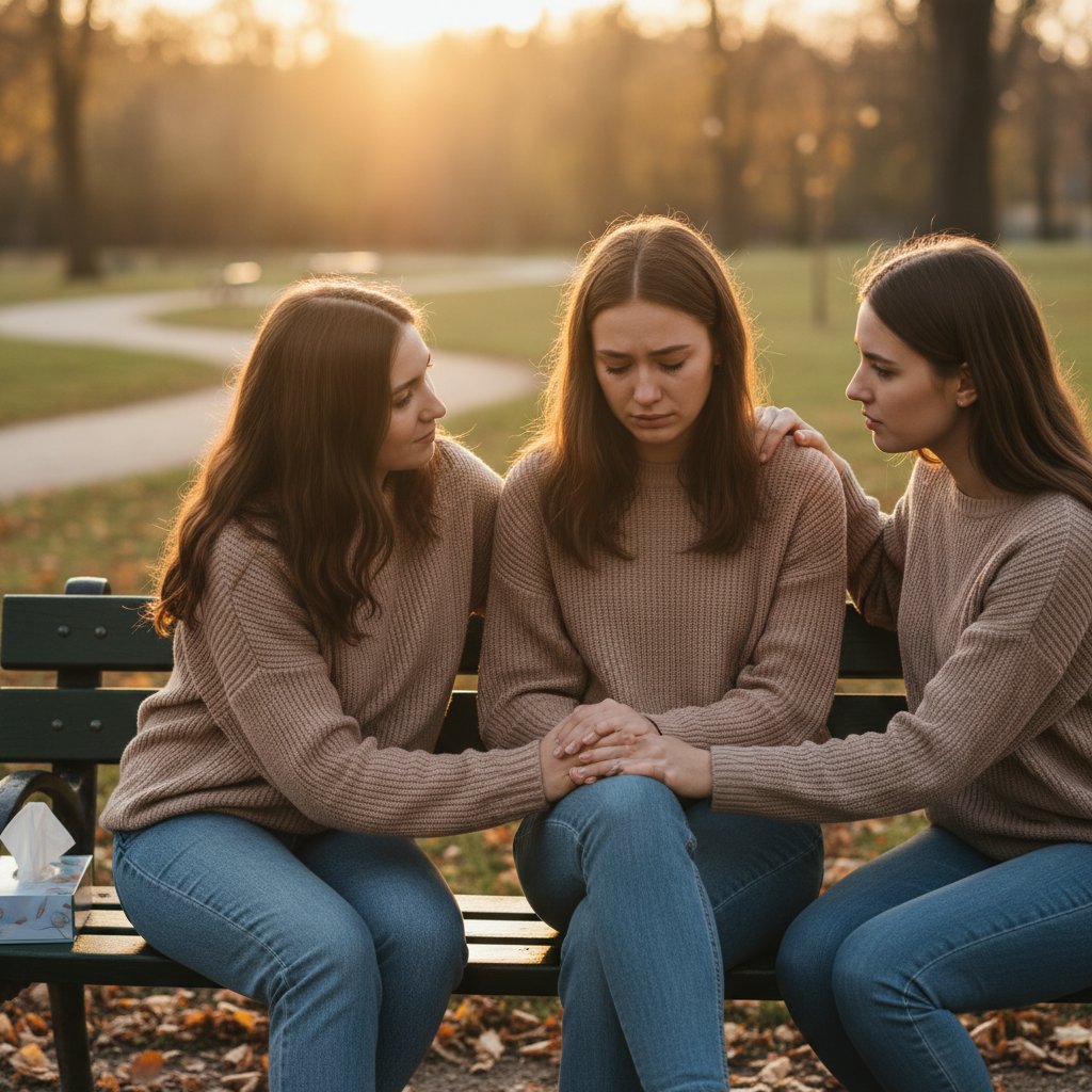 Friends consoling each other, demonstrating emotional awareness outside romantic relationships