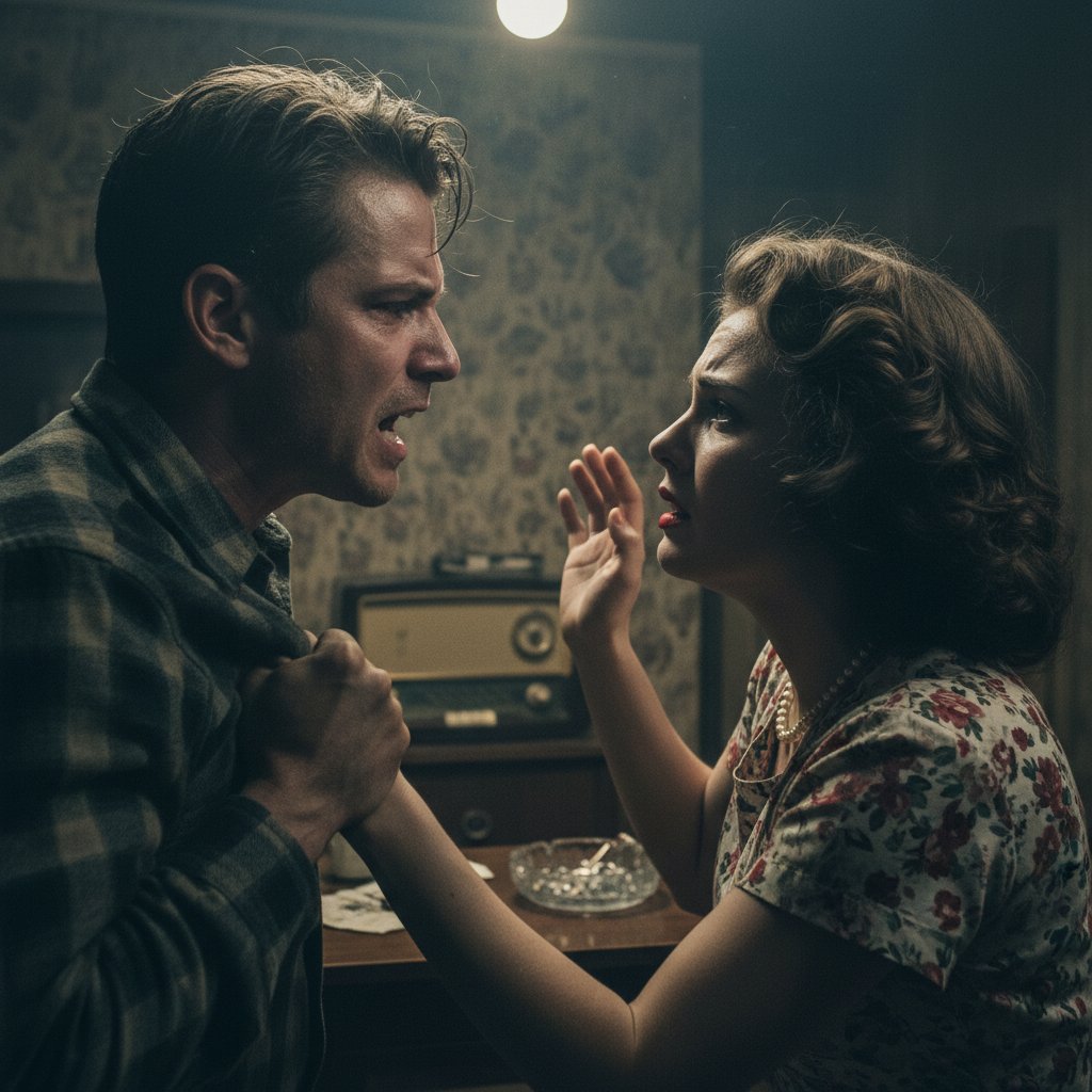 Emotional close-up of two actors in heated dialogue, 1950s Pittsburgh set, 16:9