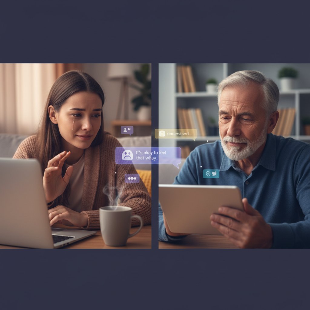 Dwie osoby prowadzące emocjonalną rozmowę online, wyrażające empatię i zrozumienie przez ekran komputera
