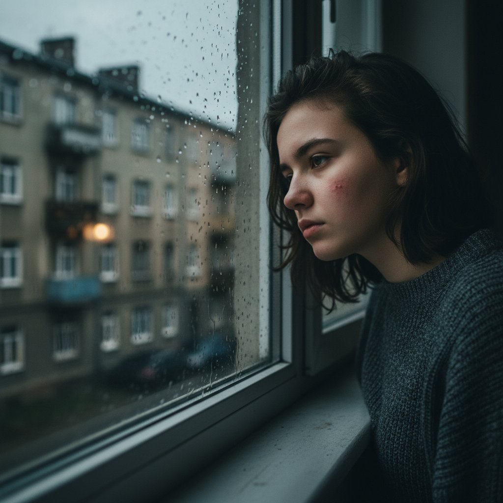 Nastolatek z rumieniem zakaźnym patrzy przez okno, subtelna wysypka na policzku