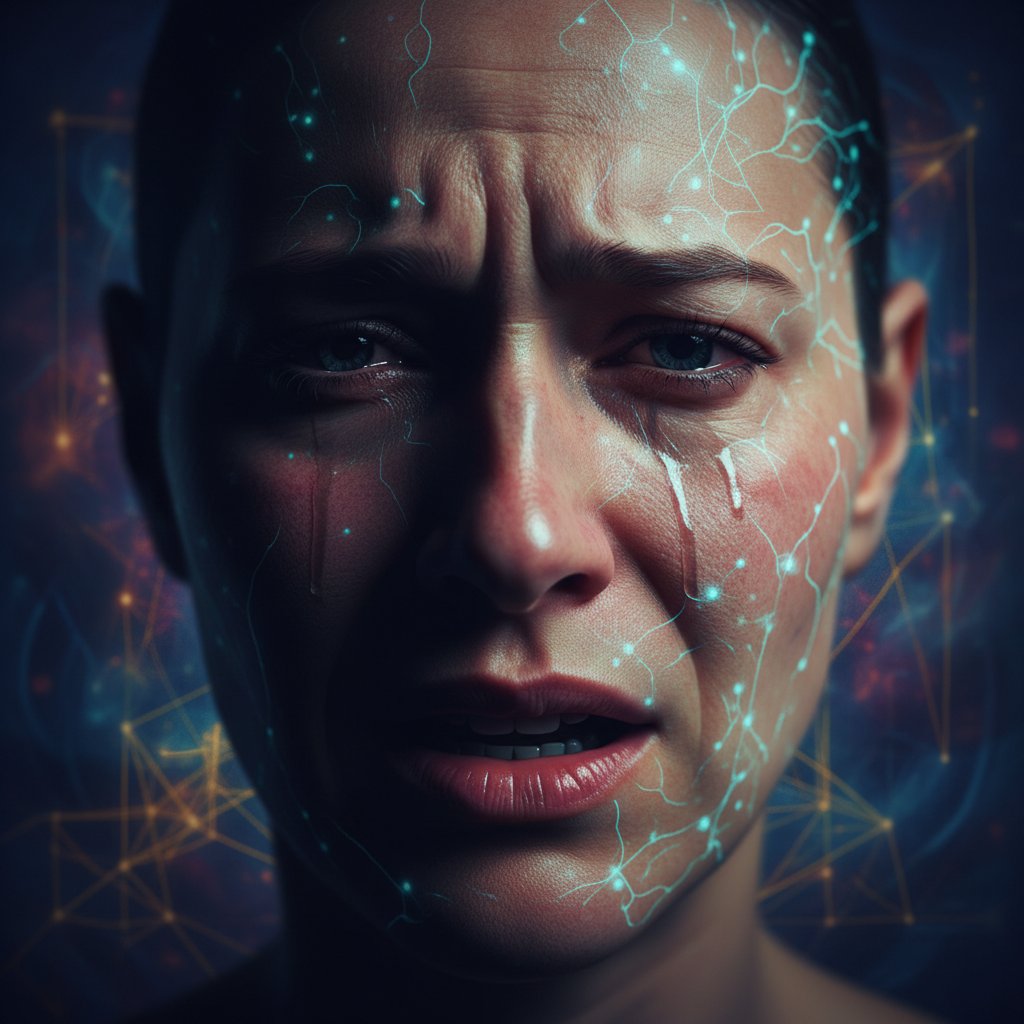 Zbliżenie na twarz osoby z wyraźnymi emocjami, światło i cień, symbol neurobiologicznych aspektów więzi