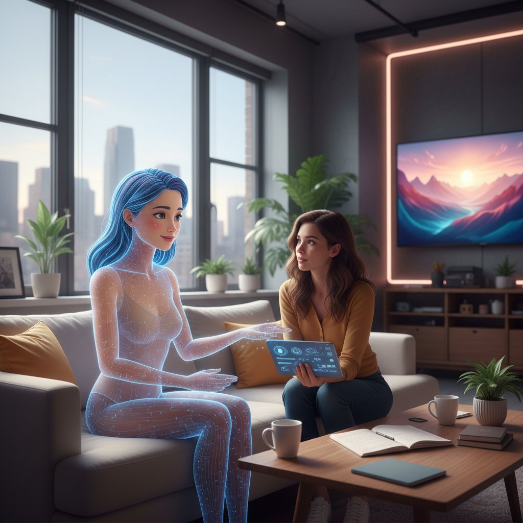 Emotionale Intelligenz KI Freundin, Gespräch, Selbstreflexion, moderne Umgebung