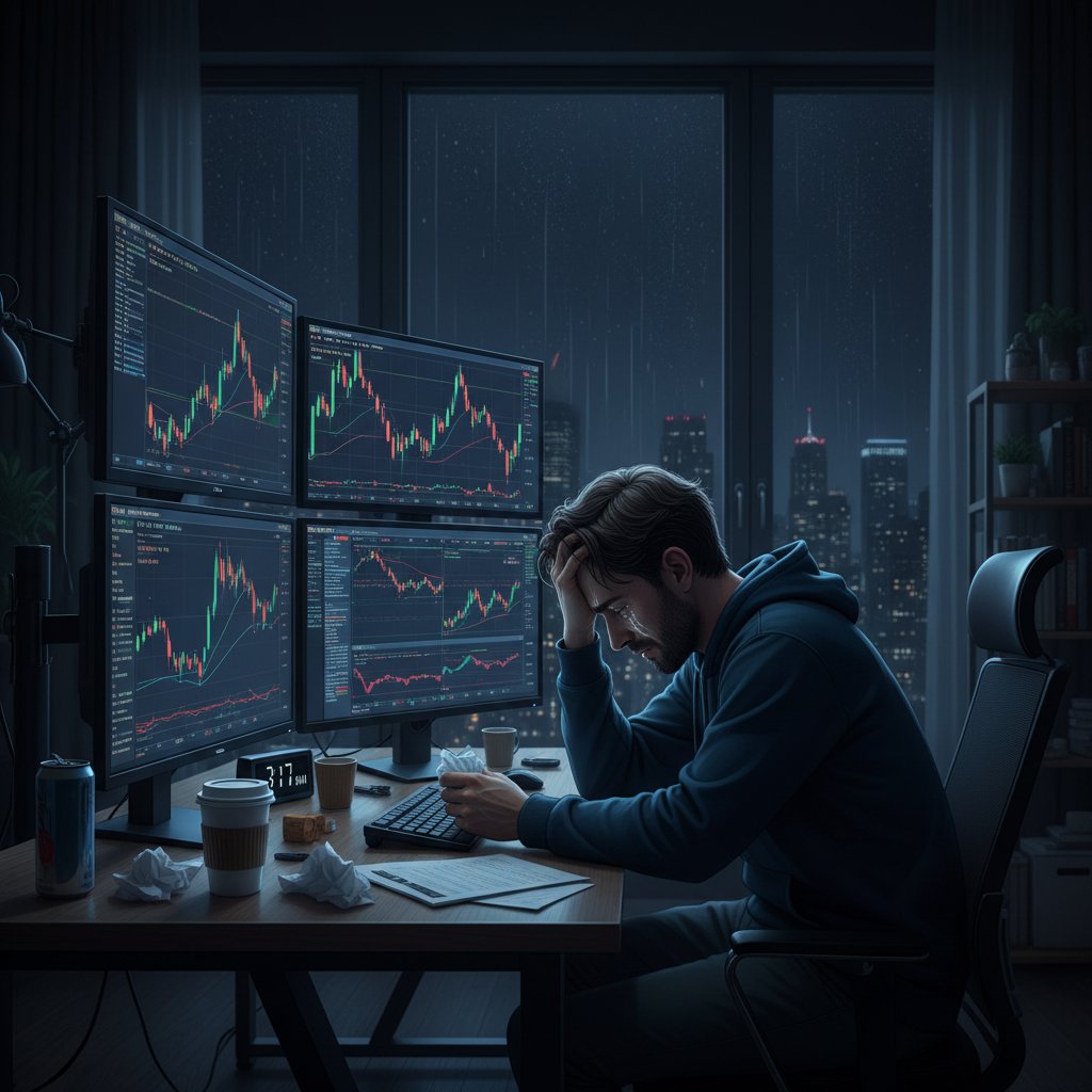 Inwestor podejmujący decyzję w stresie, laptop, spadające wykresy, wieczór