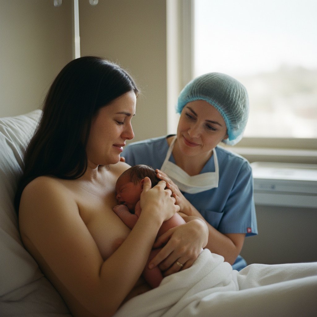 Mama i położnik po porodzie, chwila wzruszenia