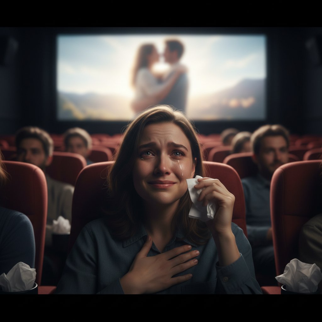Emotional reaction shot from a real-life testimonial, viewer visibly moved by a mood-lifting film experience