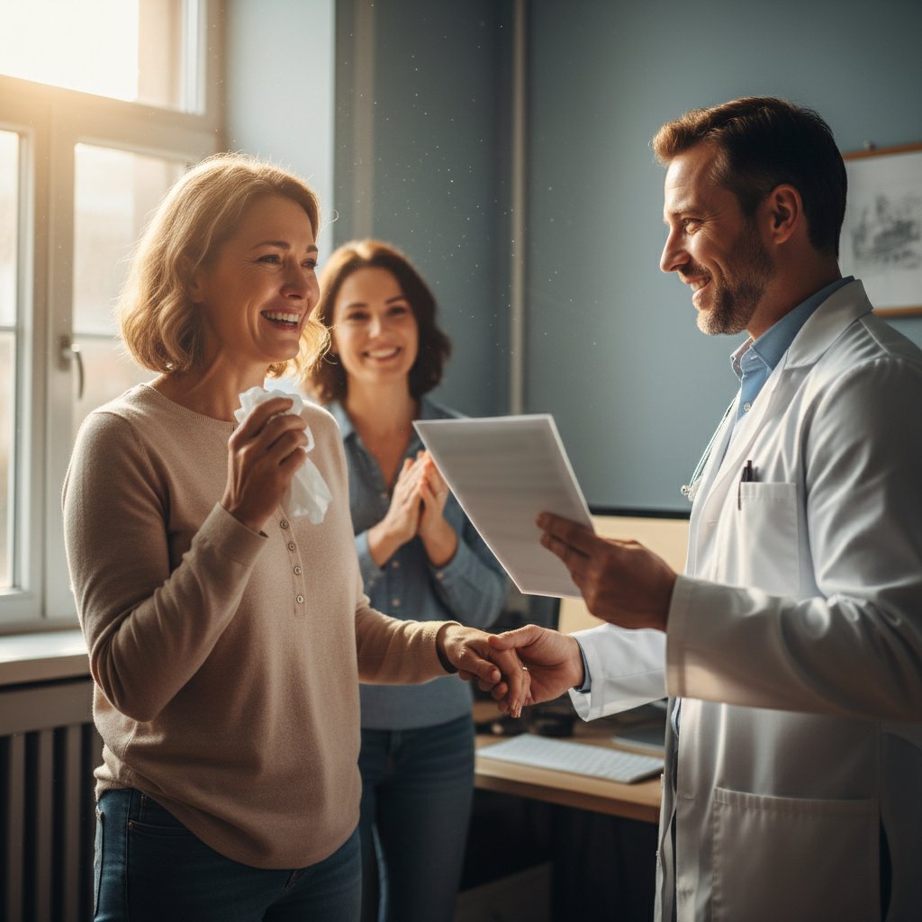 Pacjent odbierający pozytywną decyzję od rzecznika praw pacjenta, wzruszenie