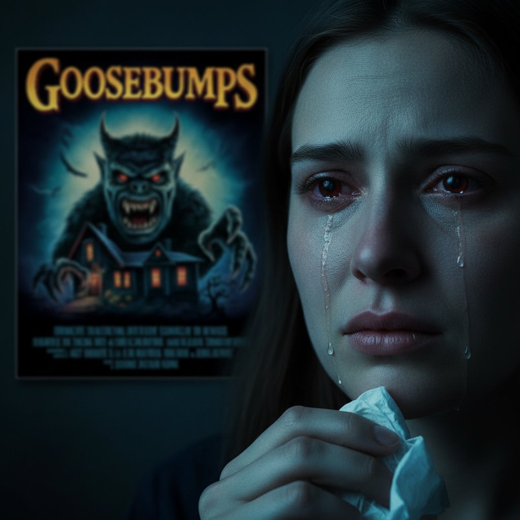 Close-up of a person with visible goosebumps and tears watching an emotional movie