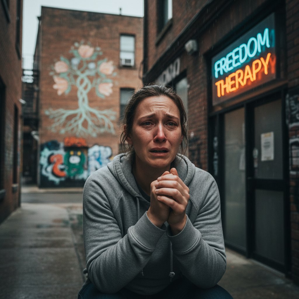 Emocje osoby przed terapią uzależnień, portret w półcieniu, urbanistyczne tło