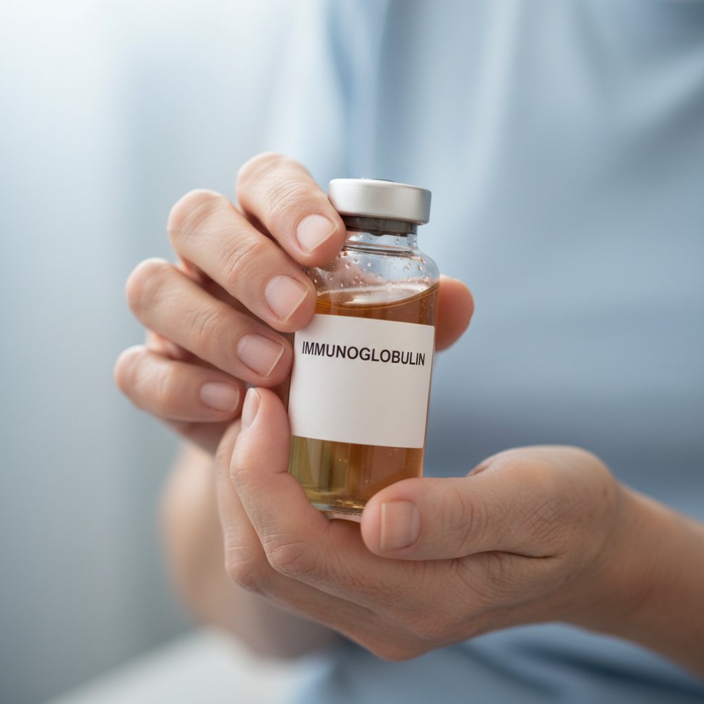 Dłonie pacjenta trzymające butelkę immunoglobulin z wyrazem nadziei i determinacji