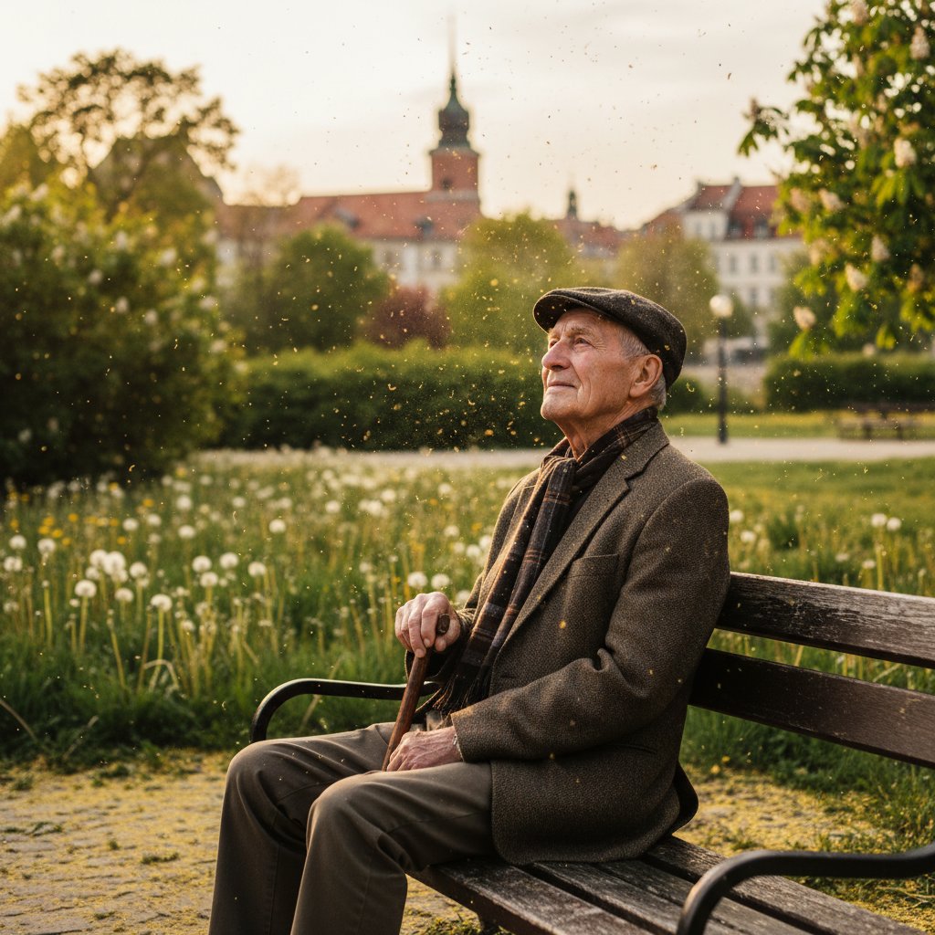 Starszy mężczyzna w parku w Warszawie obserwuje unoszący się pyłek