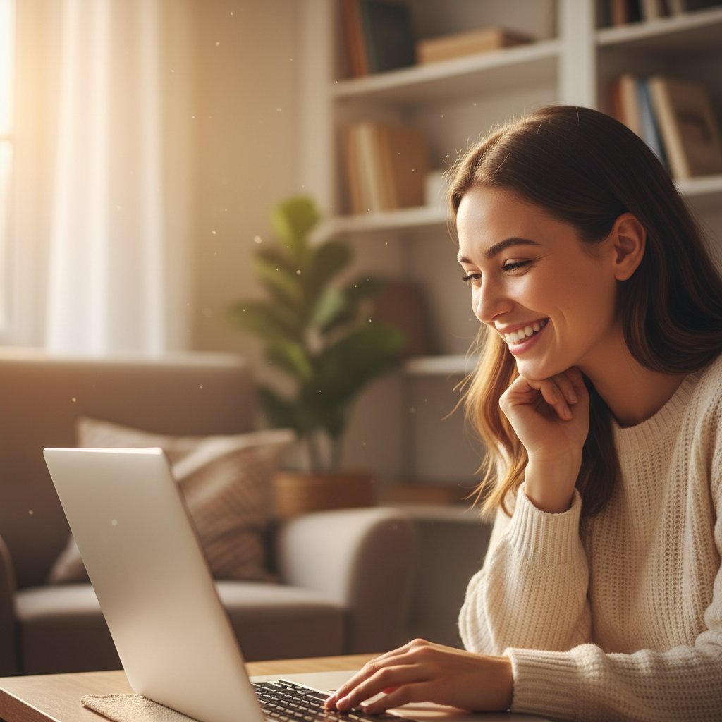 Kobieta uśmiechnięta do komputera podczas rozmowy online na poprawę samopoczucia