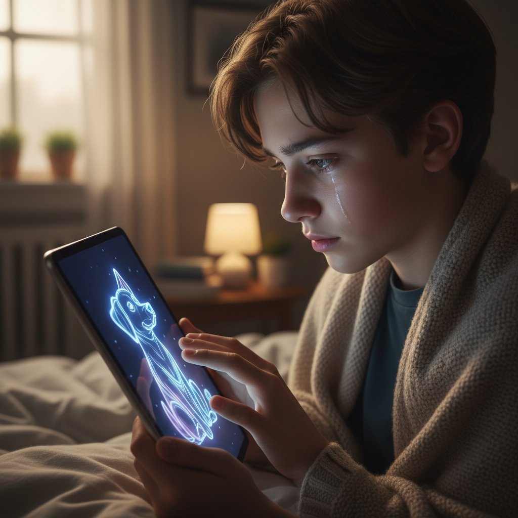 Nachdenkliche Jugendliche betrachtet virtuellen Hund auf Tablet, symbolisch für die emotionale Lücke in der Großstadt, virtuelle Hunde Spiele