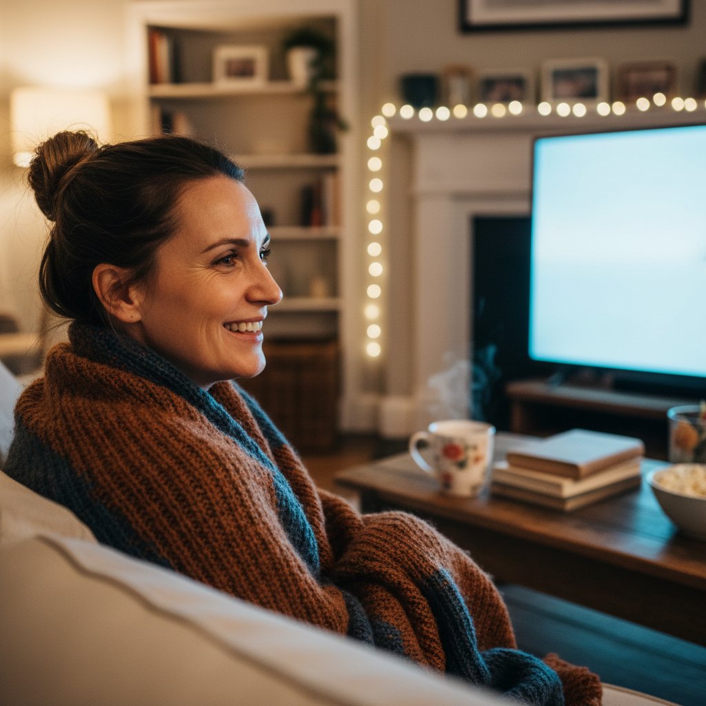 Emotional portrait of a person smiling at a TV screen, cozy home setting. Alt: Viewer emotionally connecting with a movie at home, highlighting the impact of ordinary films.