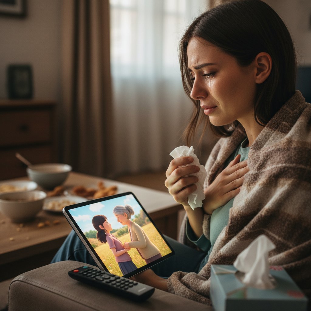 Osoba poruszona oglądaniem reklamy, emocje na twarzy, ekran z kampanią storytellingową