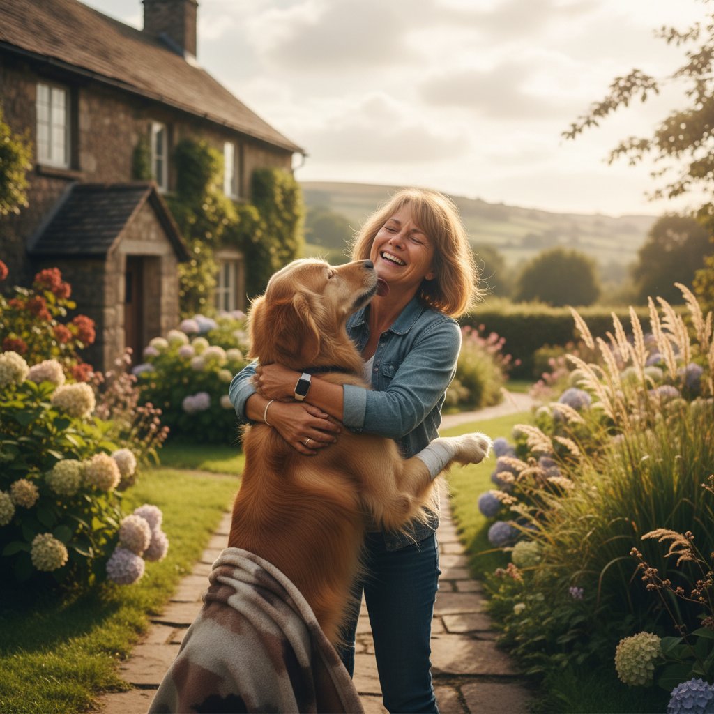 Pies wraca do właściciela po udanej rehabilitacji, wzruszające spotkanie po terapii, rehabilitacja psa