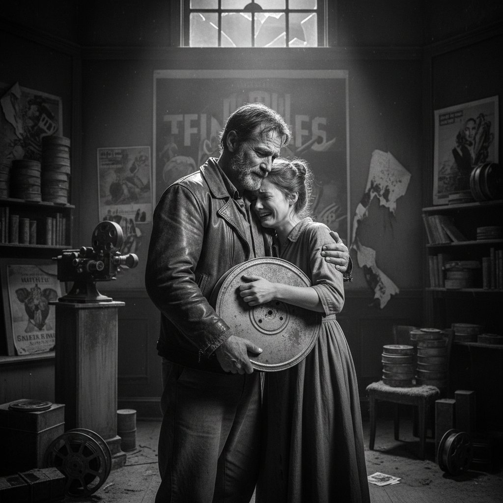 Emotional reunion with a rare movie find, high-contrast, 16:9.