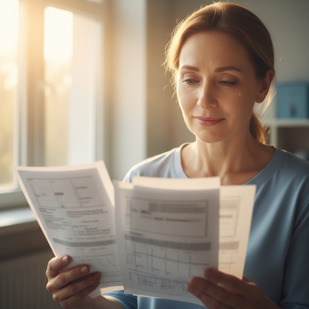 Pacjent analizuje wyniki echo serca, światło wpada przez okno, w tle nutka nadziei