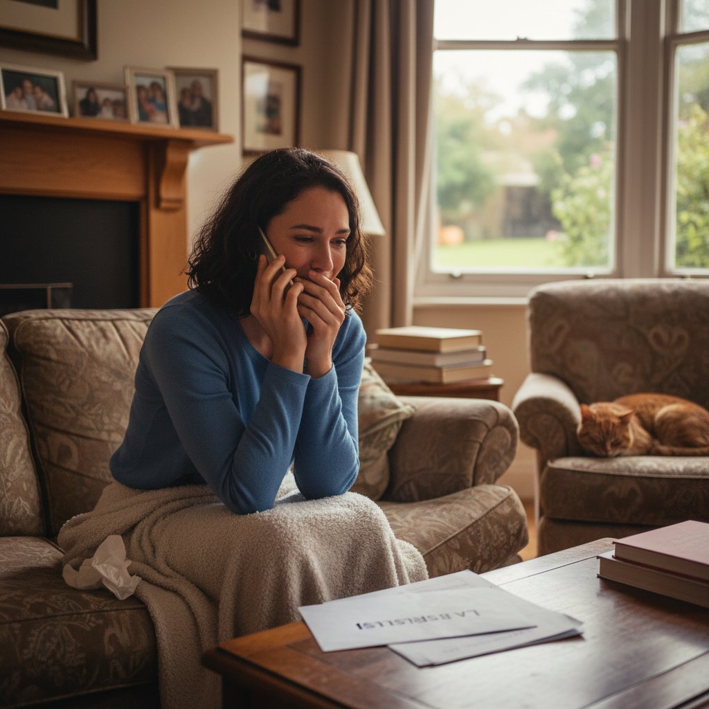 Osoba rozmawiająca przez telefon komórkowy, zamyślona, trzyma wynik badania, domowy klimat