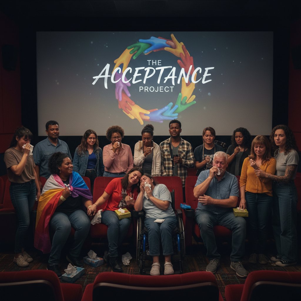 Emotional theater goers reacting to a powerful acceptance movie during a screening