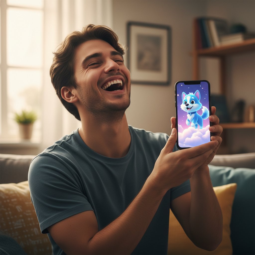 Użytkownik śmiejący się z AI pieskiem na smartfonie, oddający moment wzruszenia i radości z korzystania z pies symulator zdrowia emocjonalnego