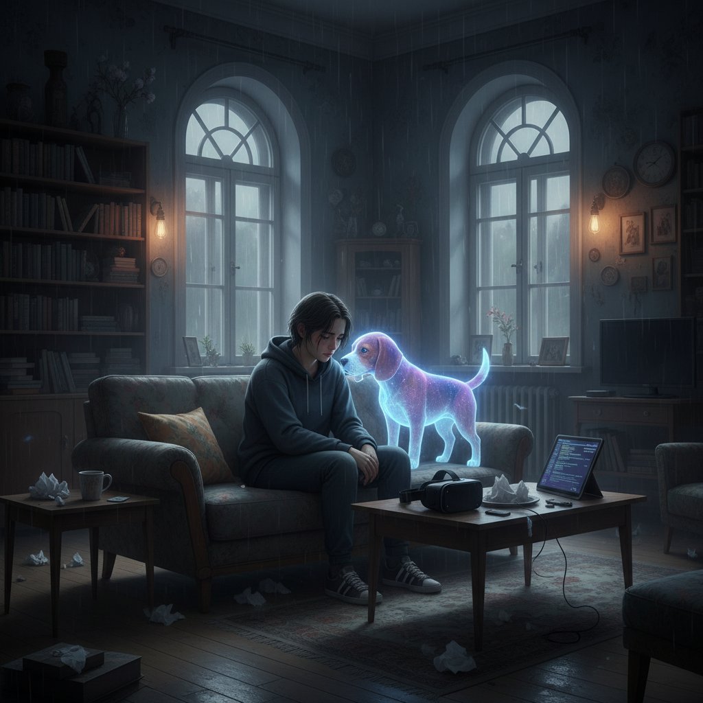 Młody dorosły z wirtualnym psem w mieszkaniu w Warszawie, emocjonalny klimat, ekran smartfona