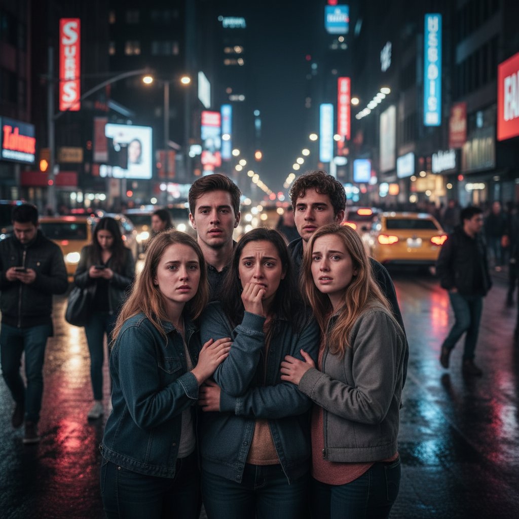 Młodzi dorośli w mieście zmagający się z emocjami, nocne światła miasta, przytłoczony nastrój