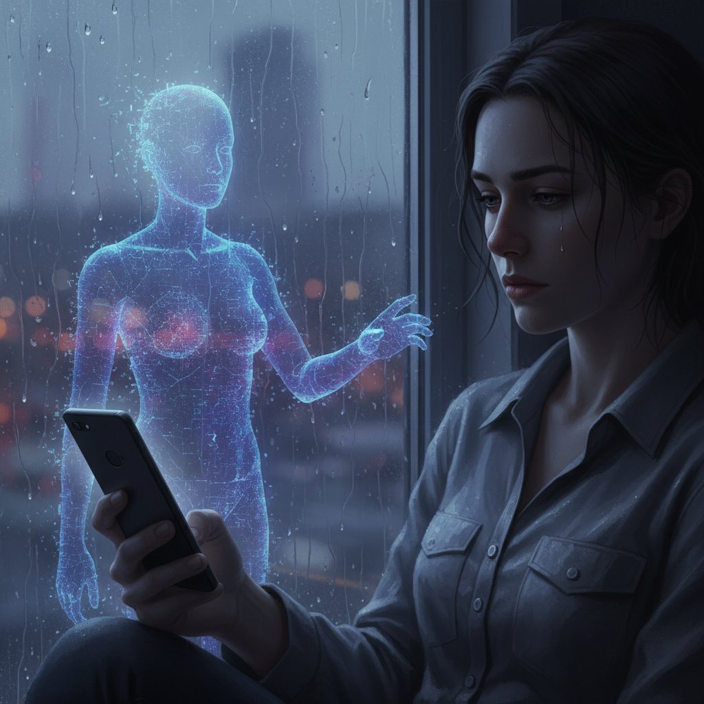 Mensch blickt traurig auf das Handy, während die Verbindung zur virtuellen Begleiterin endet