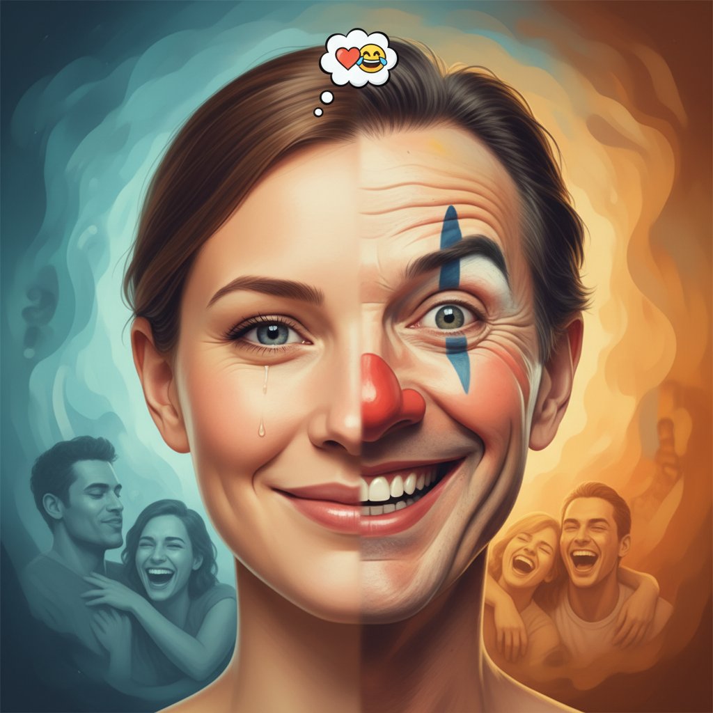 Visual metaphor for empathy in comedy movies, two faces blended together artistically