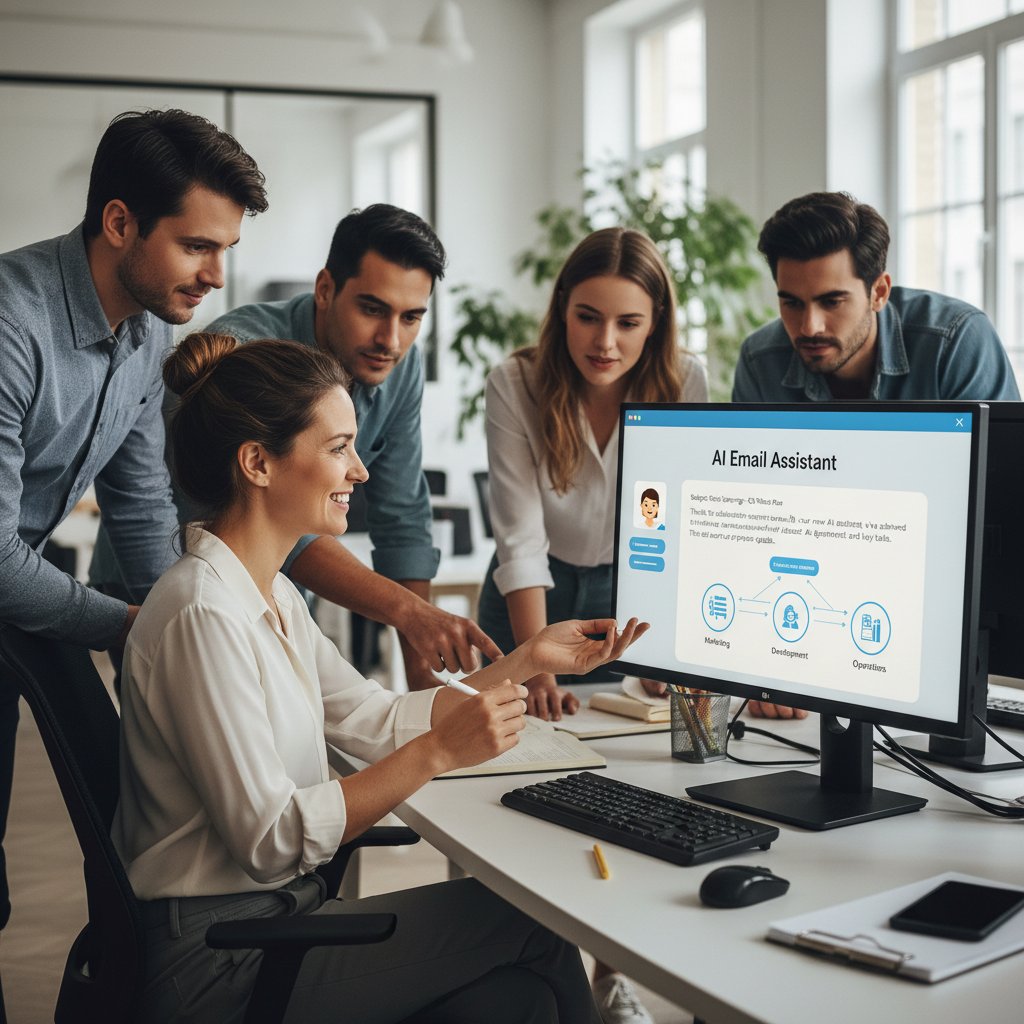 Photo of employee interacting with AI-powered email interface, visualizing seamless collaboration support