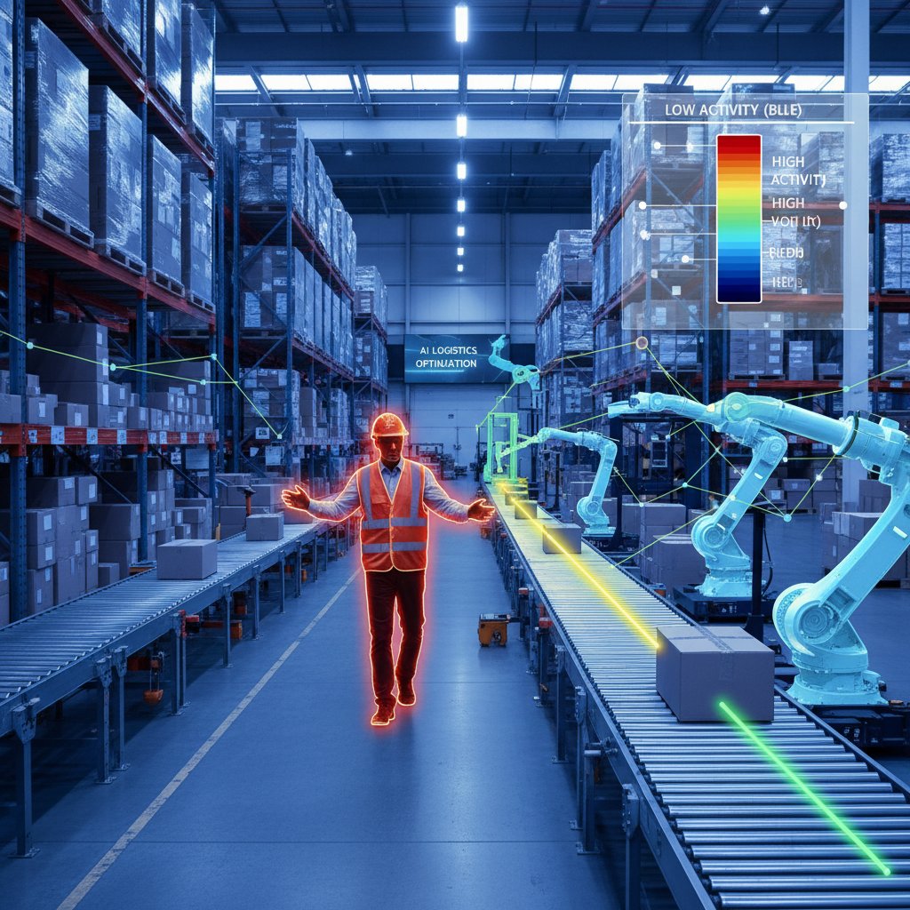 Pracownik korzystający z interaktywnej mapy przepływów AI w magazynie