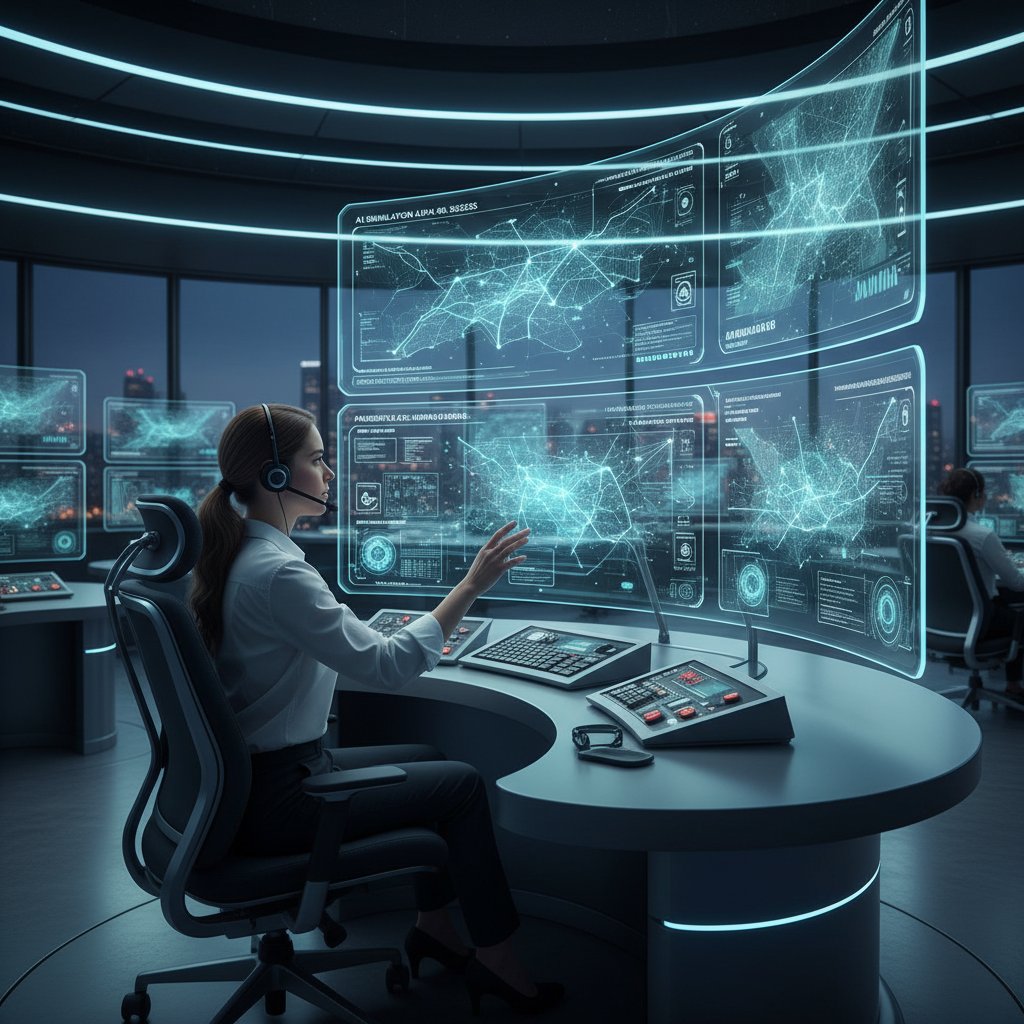 Pracownik analizujący wyniki symulacji AI na dużym ekranie w centrum dowodzenia