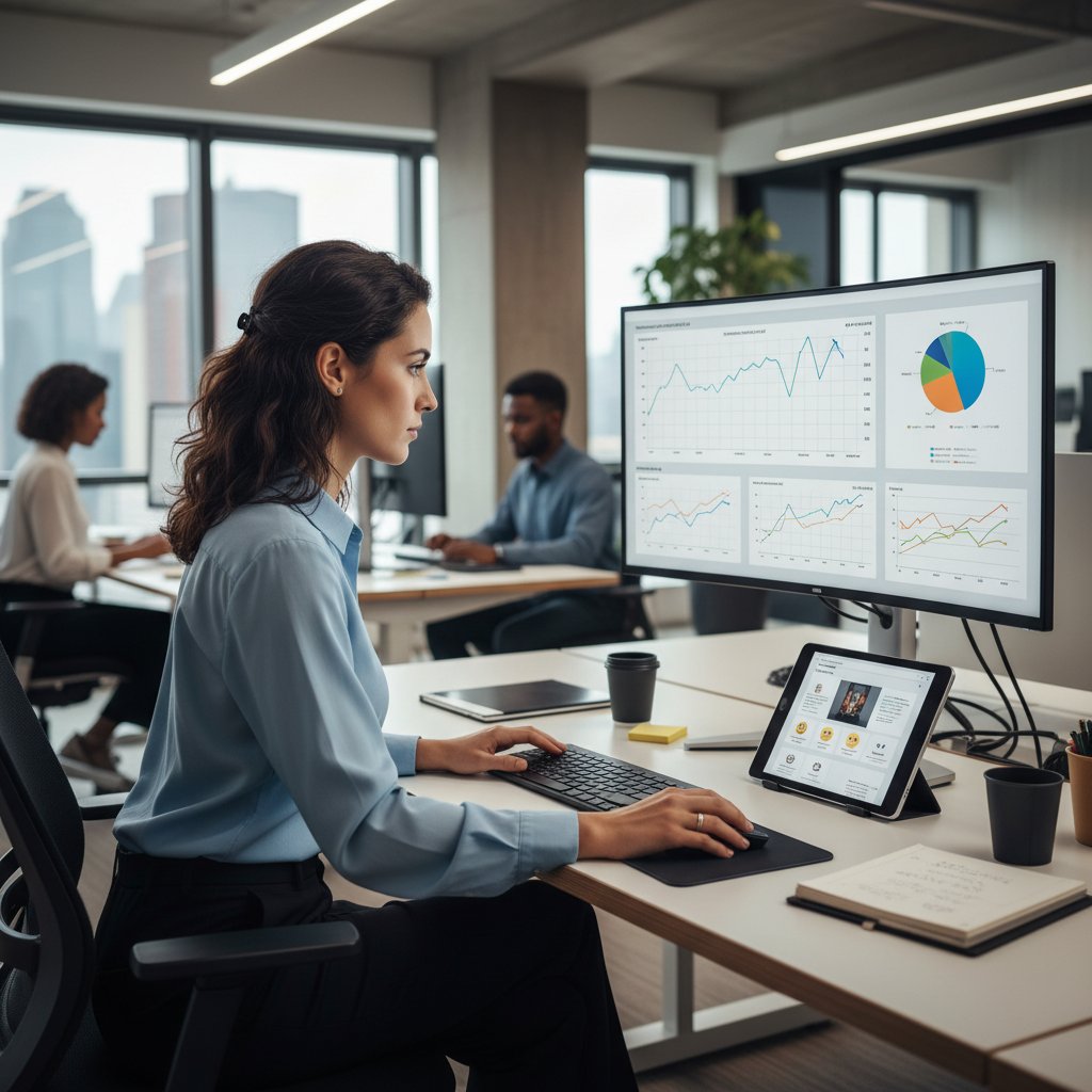 Pracownik analizujący dane o preferencjach klientów na ekranie komputera