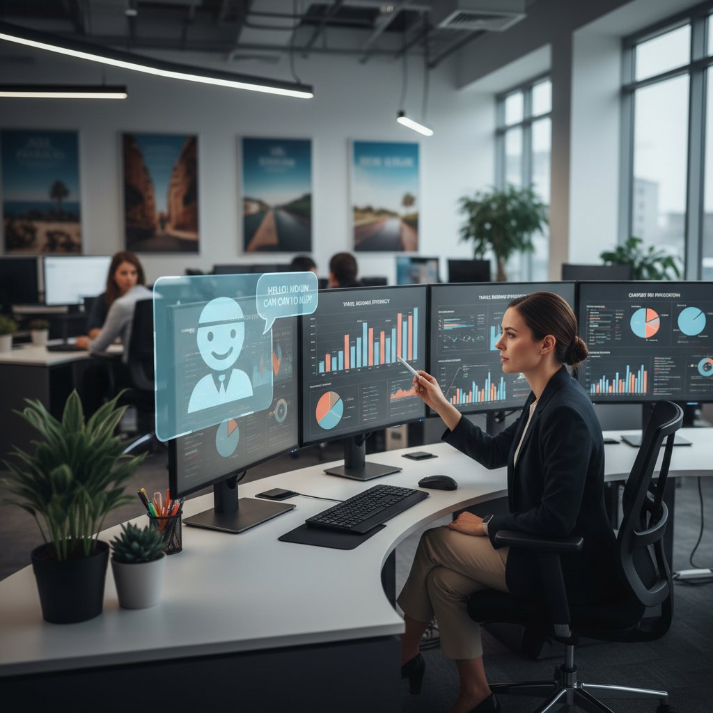 Pracownik analizujący wykresy efektywności wdrożenia chatbota w biurze podróży