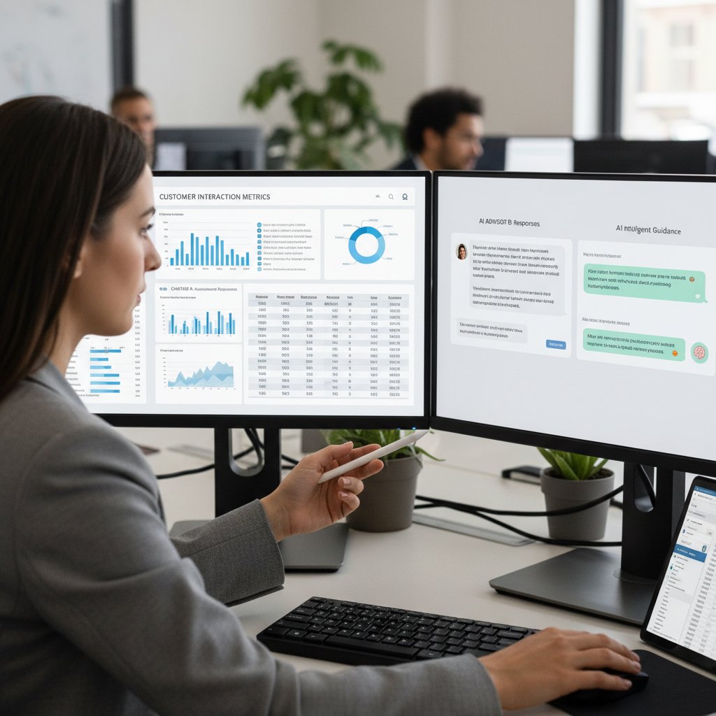 Pracownik analizujący dane na ekranie, porównując chatboty i doradców AI