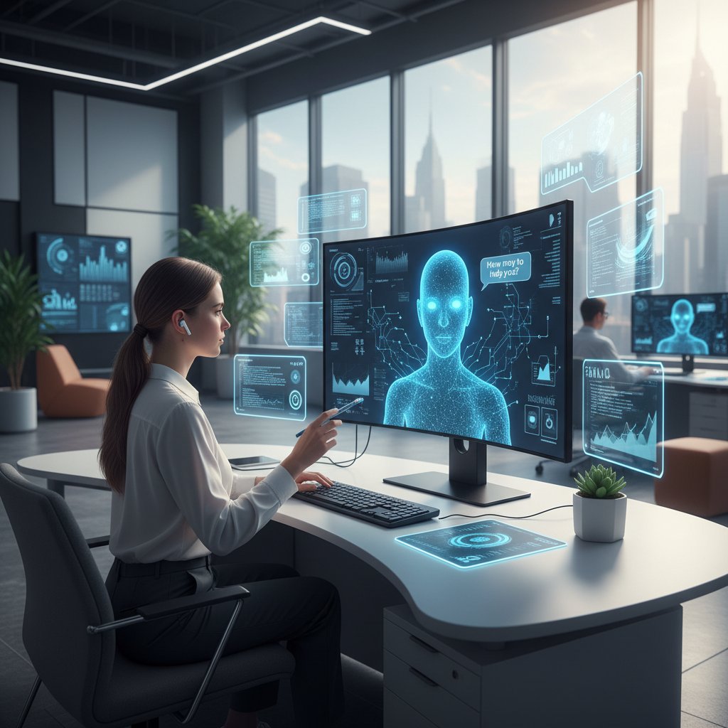 Pracownik współpracujący z cyfrowym asystentem AI przy komputerze